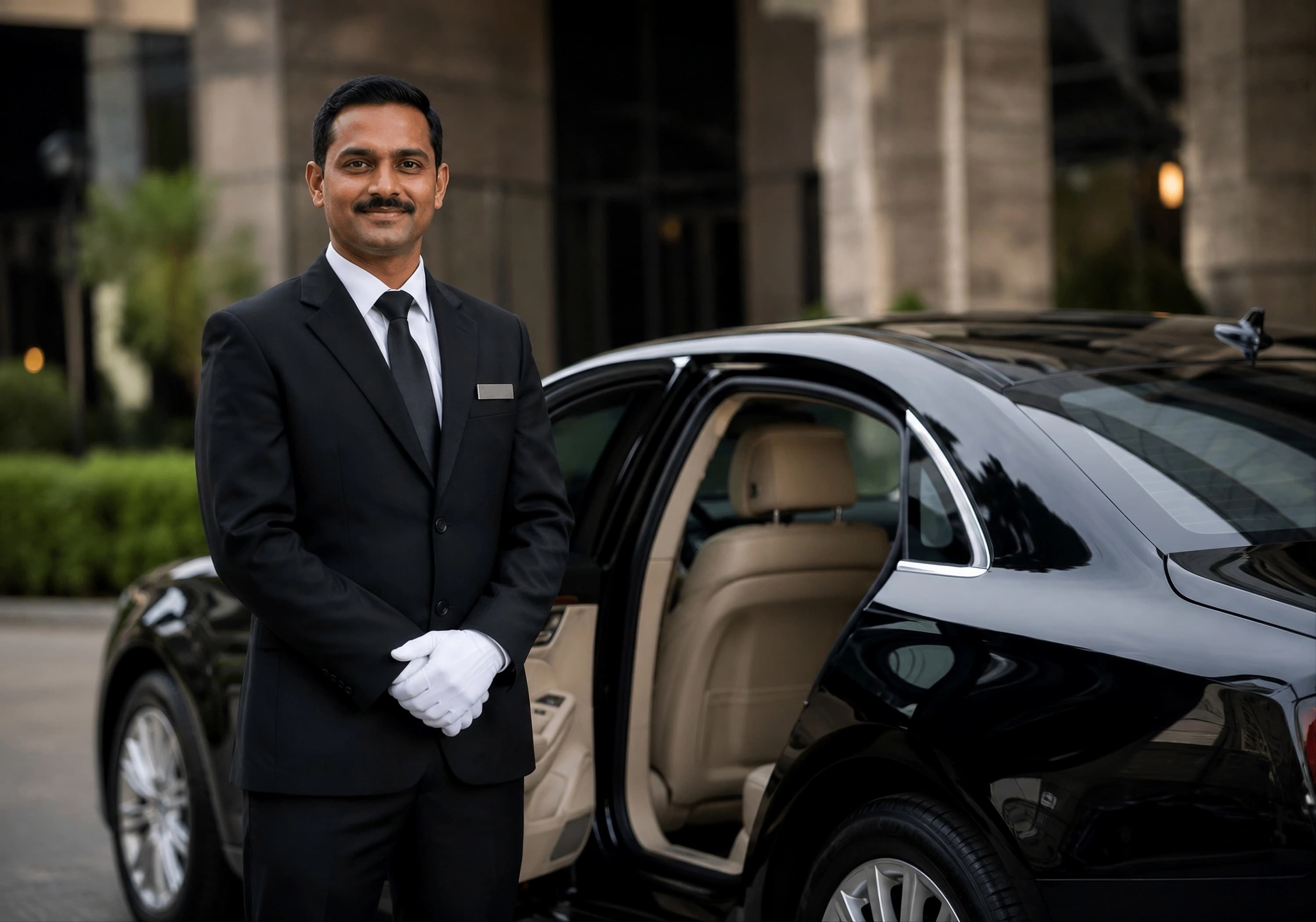 Professional private chauffeur assisting a passenger with their journey